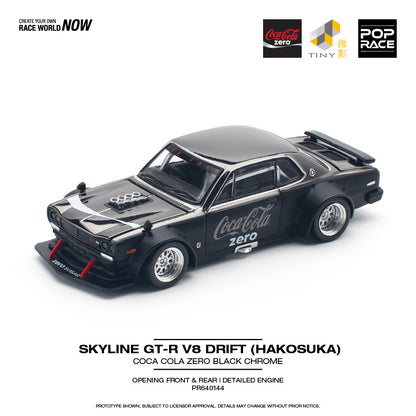 POPRACE 1/64 SKYLINE GT-R V8 DRIFT (HAKOSUKA) COCA COLA ZERO CHROME BLACK PR640144