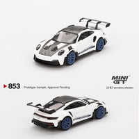 PREORDER MINI GT 1/64 Porsche 911 (992) GT3 RS Weissach Package White with Indigo Blue MGT00853-L (Approx. Release Date : Q1 2025 subject to manufacturer's final decision)