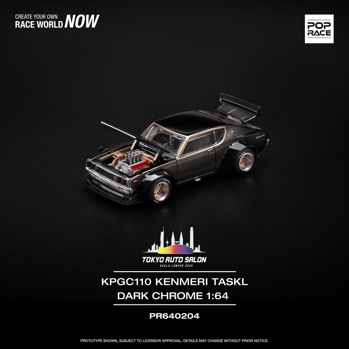 POPRACE 1/64 KPGC110 Kenmeri Dark Chrome TOKYO AUTO SALON KUALA LUMPUR 2024 Exclusive Edition PR640204