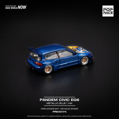 POPRACE 1/64 PANDEM CIVIC EG6 METALLIC BLUE WITH OPEN HOOD PR640174