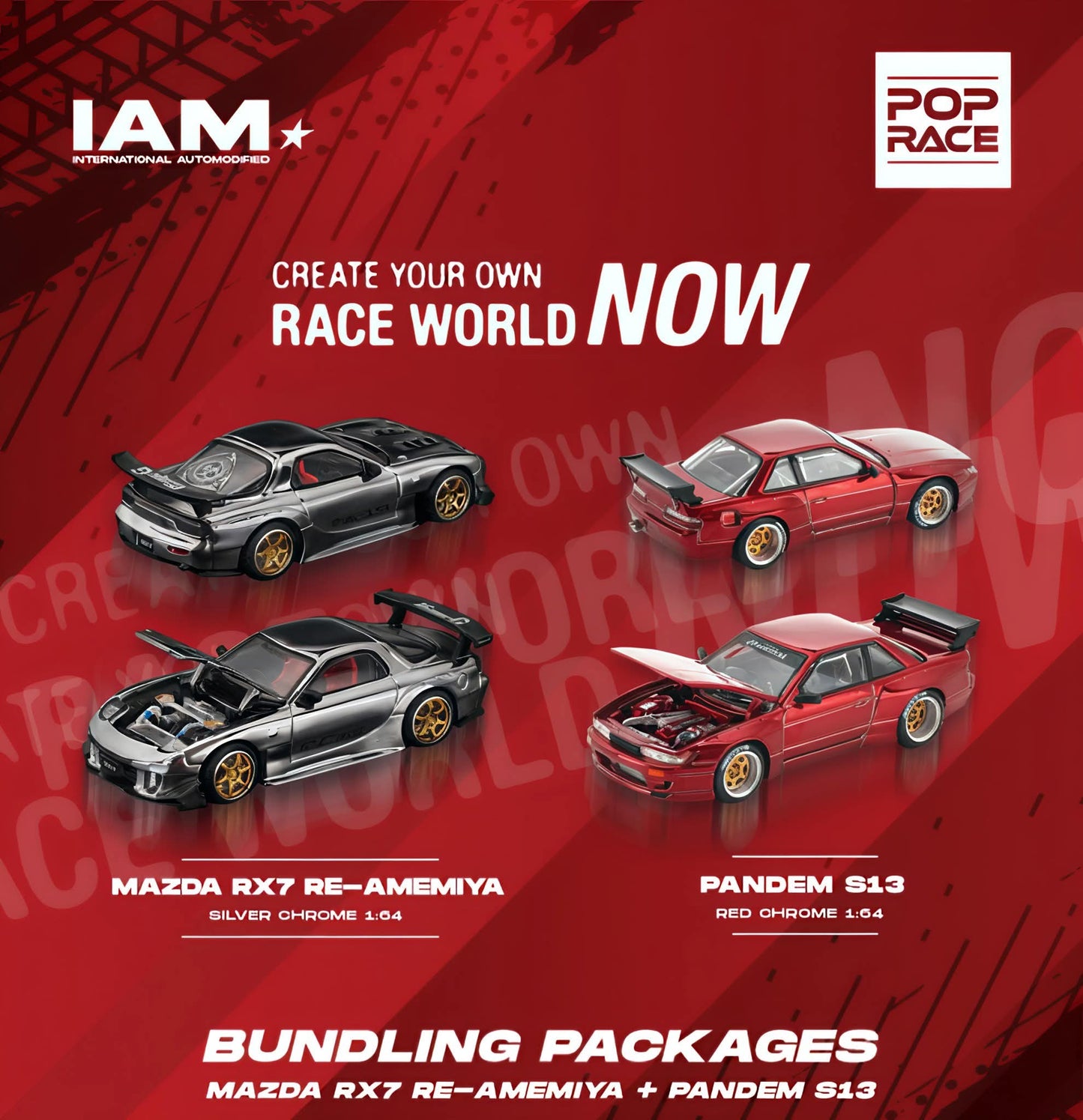 POPRACE 1/64 IAM SURABAYA Event Model Set of 2 (Mazda RX7 RE-AMEMIYA Silver Chrome & PANDEM S13 Red Chrome)