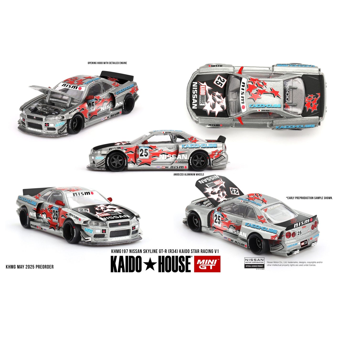 PREORDER MINI GT x Kaido House 1/64 Nissan Skyline GT-R (R34) Kaido Star Racing V1- Silver KHMG197 (Approx. Release Date : Q4 2025 subject to manufacturer's final decision)