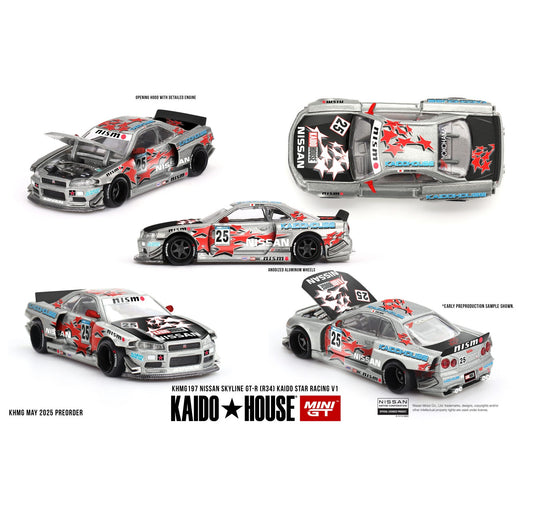 PREORDER MINI GT x Kaido House 1/64 Nissan Skyline GT-R (R34) Kaido Star Racing V1- Silver KHMG197 (Approx. Release Date : Q4 2025 subject to manufacturer's final decision)
