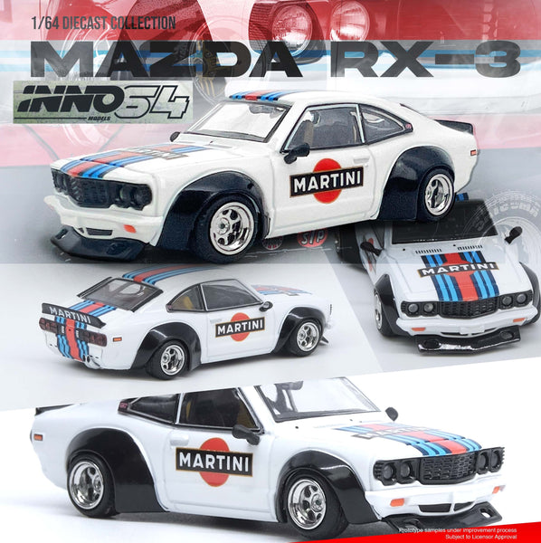 PREORDER INNO64 1/64 MAZDA SAVANNA RX3 "MARTINI RACING" Livery IN64-RX3-MTN (Approx. Release Date : APRIL 2025 subject to the manufacturer's final decision)