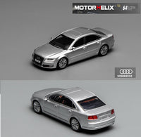 PREORDER Motorhelix Intern Series 1/64 Audi A8 (D3) Facelift 2008 Ice Silver Metallic M68204 (Approx. Release Date: Q4 2025 and subject to the manufacturer's final decision)