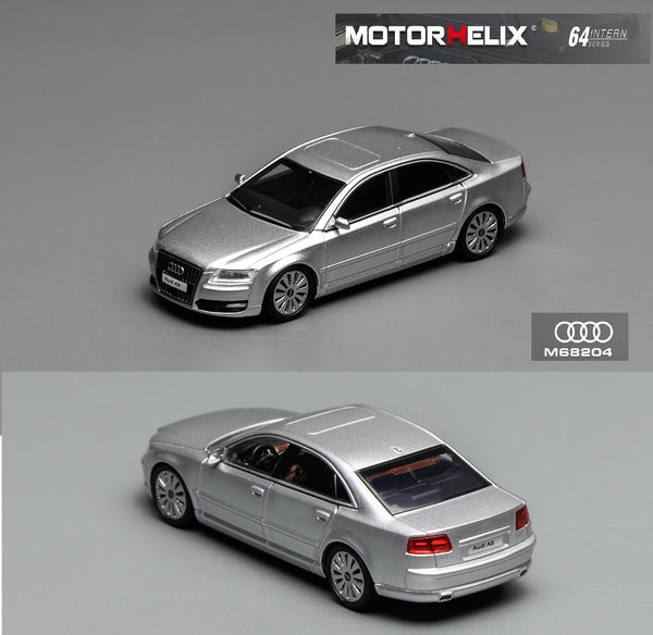 PREORDER Motorhelx Intern Series 1/64 Audi A8 (D3) Facelift 2008 Ice Silver Metallic M68204 (Approx. Release Date: Q4 2025 and subject to the manufacturer's final decision)