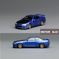 PREORDER Motorhelix 1/64 NISSAN SKYLINE GT-R (R34) V-SPEC II CUSTOMIZED BAYSIDE BLUE W/ CARBON FIBER BONNET M63451 (Approx. Release Date: Q4 2025 and subject to the manufacturer's final decision)