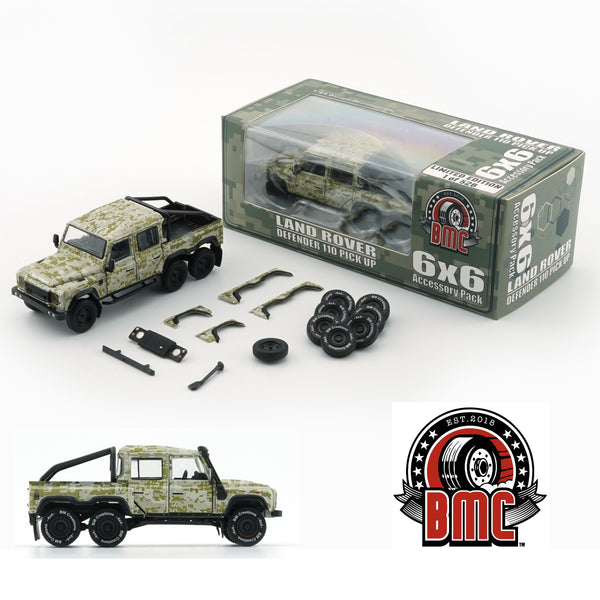 PREORDER BM Creations 1/64 Land Rover 2016 Defender 110 Pick Up 6x6 Acc Pack - Camouflage Green (RHD) 64B0342 (Approx. release in Q1 2025 and subject to the manufacturer's final decision)