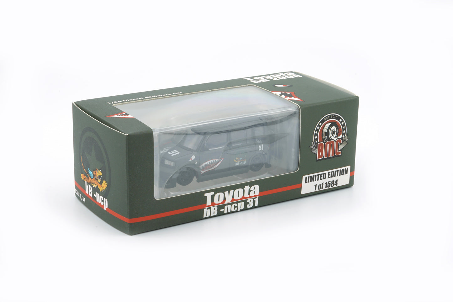 BM Creations 1/64 Toyota 2000 bB - Matte Green + P40 Tiger Pattern RHD Limited Edition 64B0382