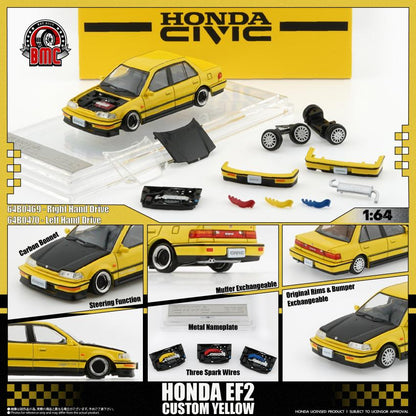 PREORDER BM Creations 1/64 HONDA CIVIC EF2 1991 - Custom Yellow with Black Bonnet LHD 64B0470 (Approx. release in Q3 2026 and subject to the manufacturer's final decision)