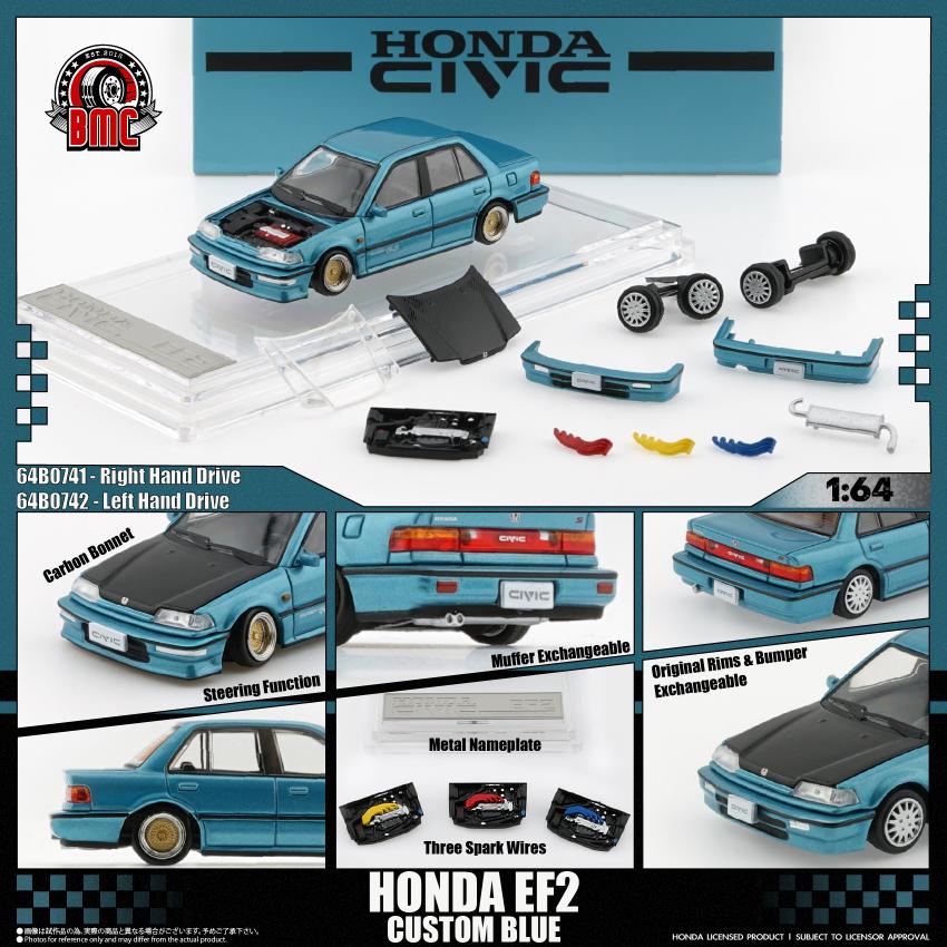 PREORDER BM Creations 1/64 HONDA CIVIC EF2 1991 - Custom Blue with Black Bonnet LHD 64B0472 (Approx. release in Q3 2026 and subject to the manufacturer's final decision)