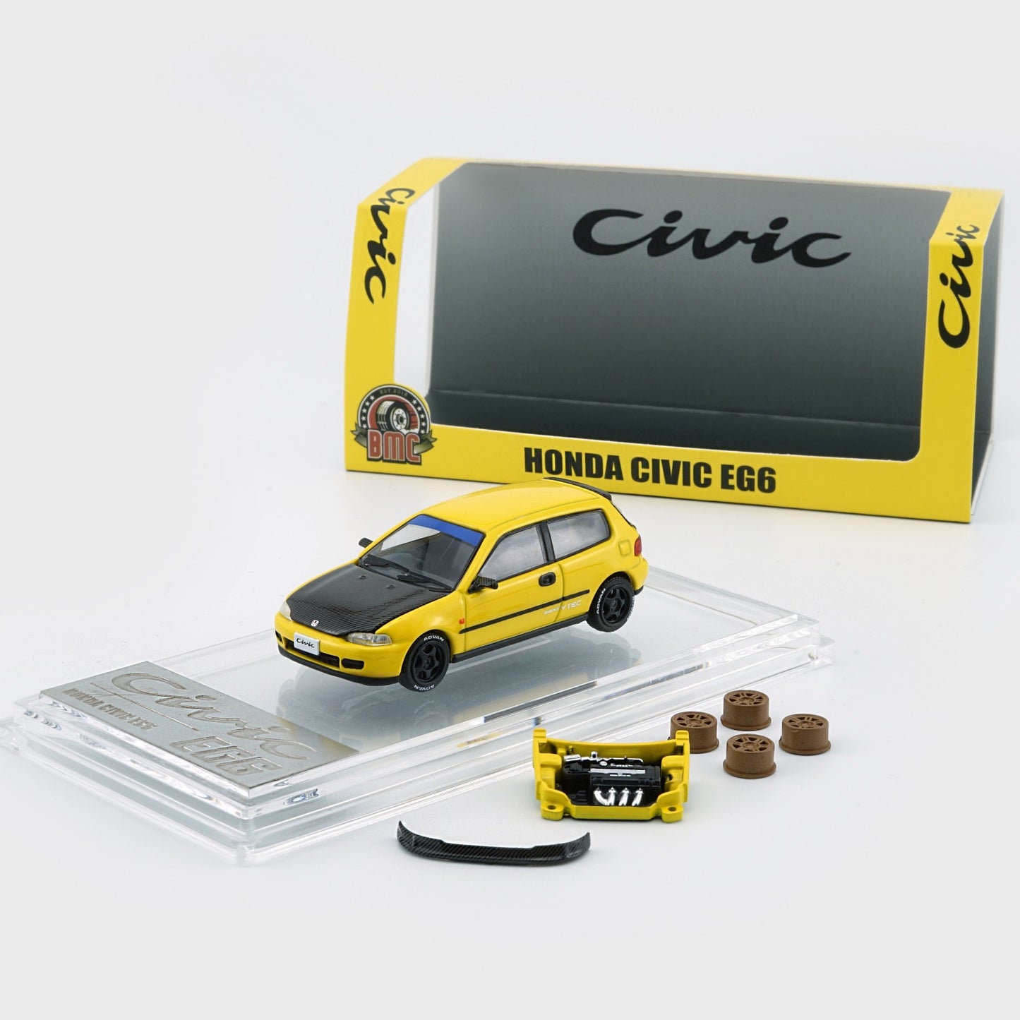 BM Creations 1/64 Honda EG6 - Yellow Carbon Bonnet RHD TAS HK 2025 Limited Version 64B0483