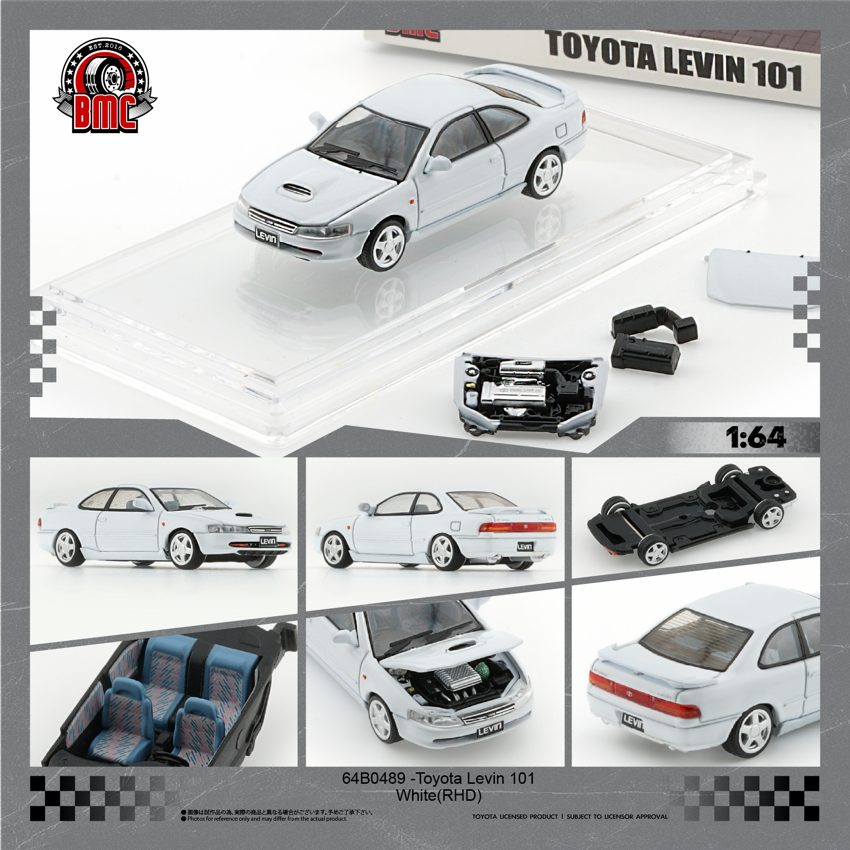 PREORDER BM Creations 1/64 Toyota Levin 101 WHITE RHD (Turbo Bonnet + Engine + NA Engine Cover 64B0489 (Approx. release in Q2 2026 and subject to the manufacturer's final decision)