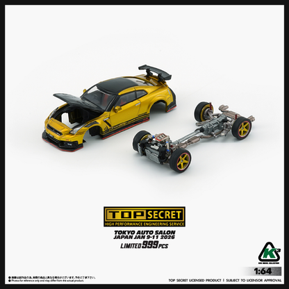 PREORDER KKK 1/64 Top Secret R35 GT-R GOLD with Carbon Bonnet (TAS Tokyo 2026 Limited Version) RHD Top Secret official licensed / Number Plated) 64B0494 (Approx. release in Q3 2026 and subject to the manufacturer's final decision)