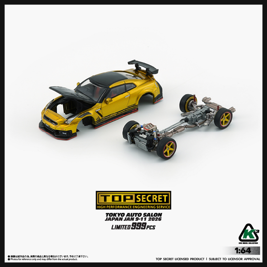 PREORDER KKK 1/64 Top Secret R35 GT-R GOLD with Carbon Bonnet (TAS Tokyo 2026 Limited Version) RHD Top Secret official licensed / Number Plated) 64B0494 (Approx. release in Q3 2026 and subject to the manufacturer's final decision)