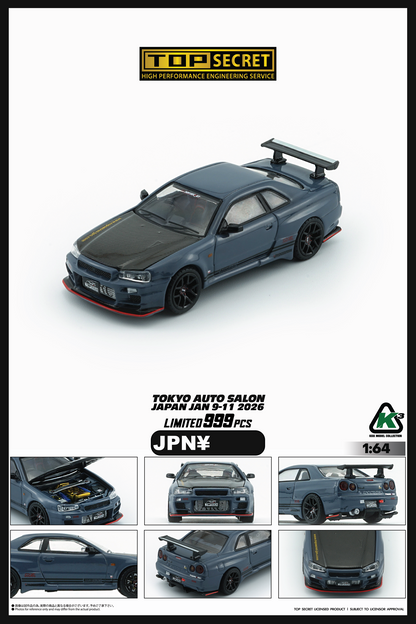PREORDER KKK 1/64 Top Secret BNR34 GREY BLUE with Carbon Bonnet (TAS Tokyo 2026 Limited Version) RHD Top Secret official licensed / Number Plated) 64B0498 (Approx. release in Q3 2026 and subject to the manufacturer's final decision)