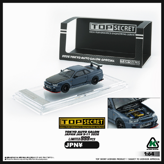 PREORDER KKK 1/64 Top Secret BNR34 GREY BLUE with Carbon Bonnet (TAS Tokyo 2026 Limited Version) RHD Top Secret official licensed / Number Plated) 64B0498 (Approx. release in Q3 2026 and subject to the manufacturer's final decision)