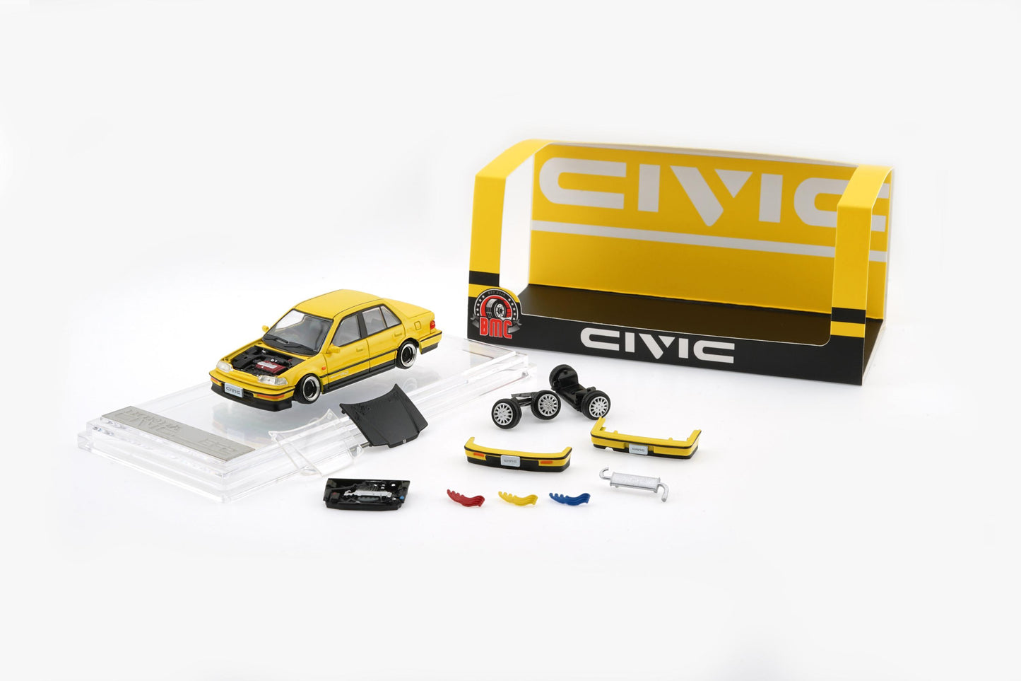 PREORDER BM Creations 1/64 HONDA CIVIC EF2 1991 - Custom Yellow with Black Bonnet LHD 64B0470 (Approx. release in Q3 2026 and subject to the manufacturer's final decision)