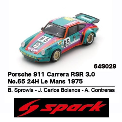 PREORDER SPARK 1/64 Porsche 911 Carrera RSR 3.0 No.65 24H Le Mans 1975 B. Sprowls - J. Carlos Bolanos - A. Contreras 64S029 (Approx. Release Date : Q4 2025 subject to the manufacturer's final decision)