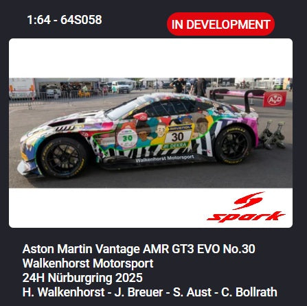 PREORDER SPARK 1/64 Aston Martin Vantage AMR GT3 EVO No.30 Walkenhorst Motorsport 24H Nürburgring 2025 H. Walkenhorst - J. Breuer - S. Aust - C. Bollrath 64S058 (Approx. Release Date : Q2 2026 subject to the manufacturer's final decision)