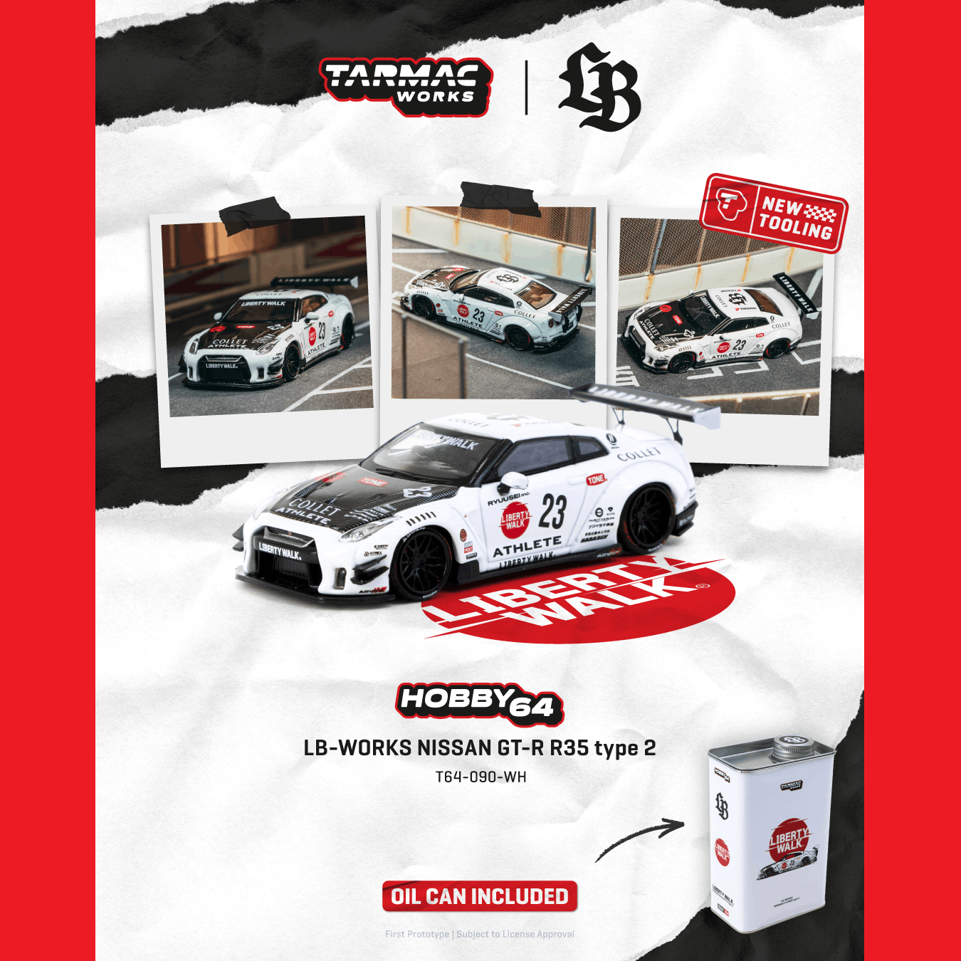 PREORDER HOBBY64 1/64 LB-WORKS NISSAN GT-R R35 type 2 White With Metal Oil Can Packaging T64-090-WH (Approx. Release Date :  JUNE 2026 subject to manufacturer's final decision)