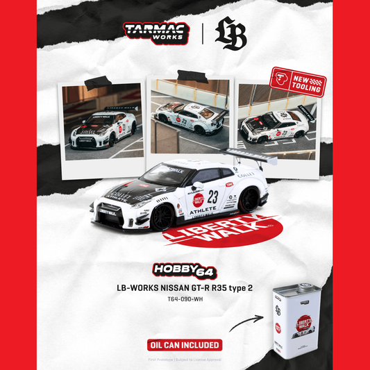 PREORDER HOBBY64 1/64 LB-WORKS NISSAN GT-R R35 type 2 White With Metal Oil Can Packaging T64-090-WH (Approx. Release Date :  JUNE 2026 subject to manufacturer's final decision)