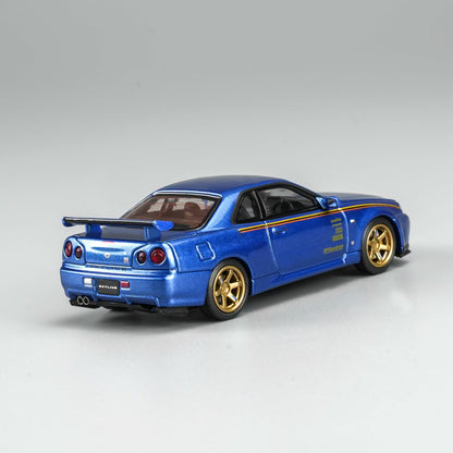 MOTORHELIX 1/64 Nissan Skyline GT‑R (R34) Customized Bayside Blue Hong Kong ToyCar Salon｜VDX Exclusive M63453DZ-PT