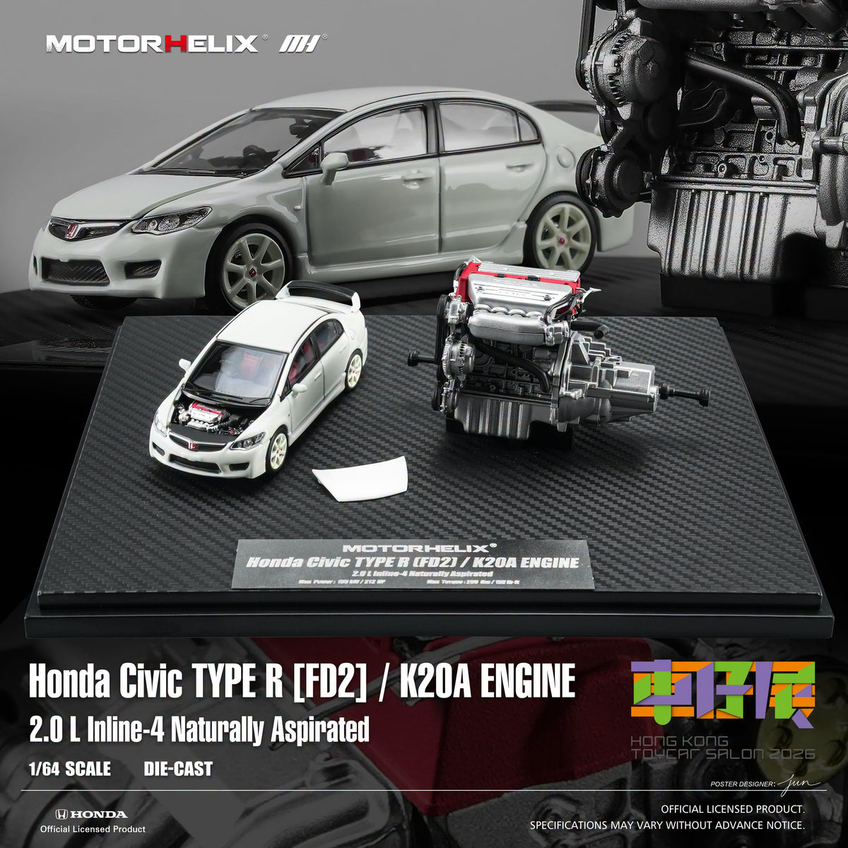 Motorhelix 1/64 Honda Civic TYPE R [FD2] + 1/18 K20A Engine Display Platform 2.0 L Inline‑4 Naturally Aspirated Hong Kong ToyCar Salon Exclusive M90315