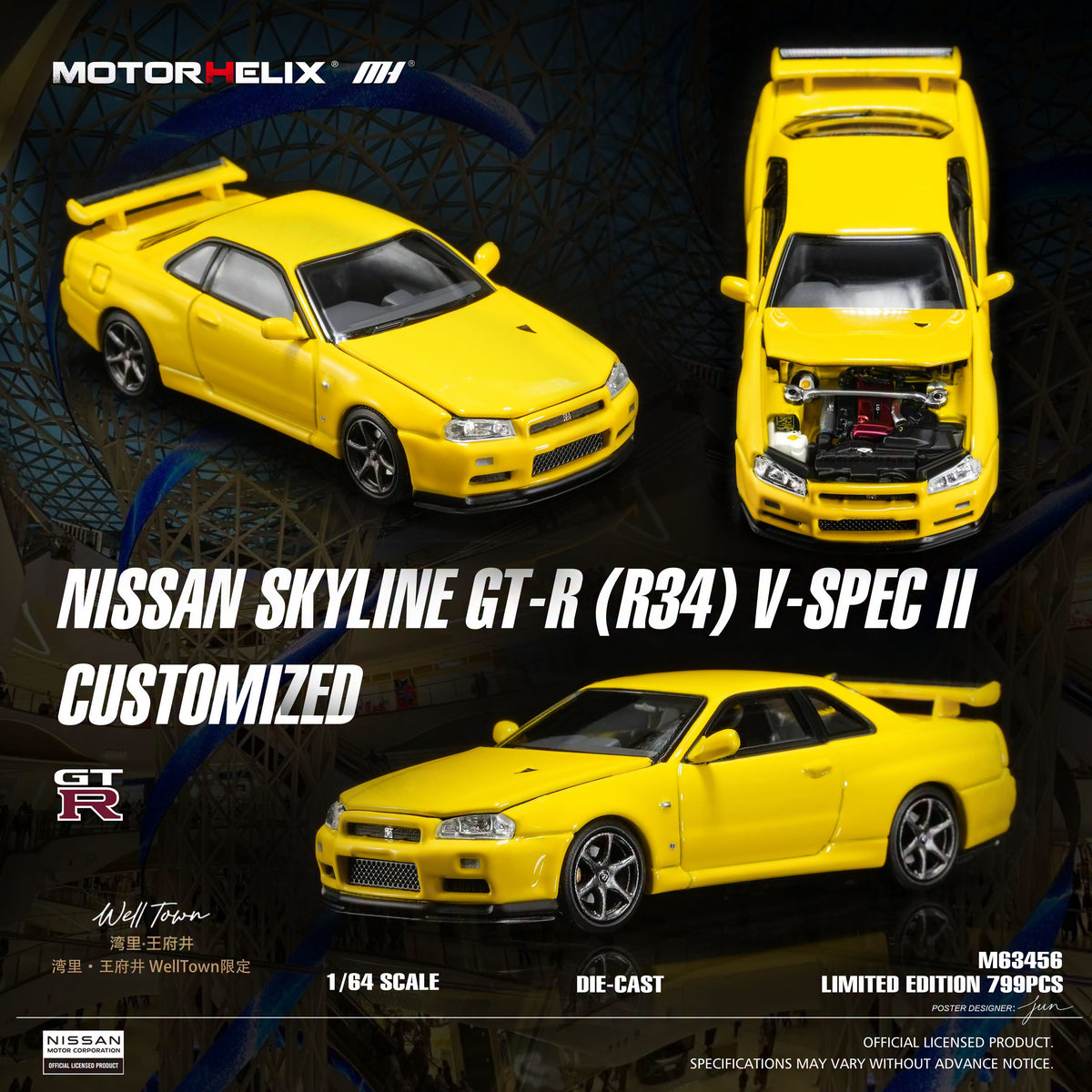 Motorhelix 1/64 Nissan Skyline GT‑R (R34) V‑SpecII Customized Yellow M63456