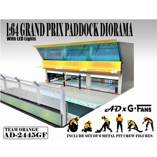 American Diorama 1/64 Grand Prix Paddock Diorama with Formula Pit Crew Figures-Team Orange AD-2445GF