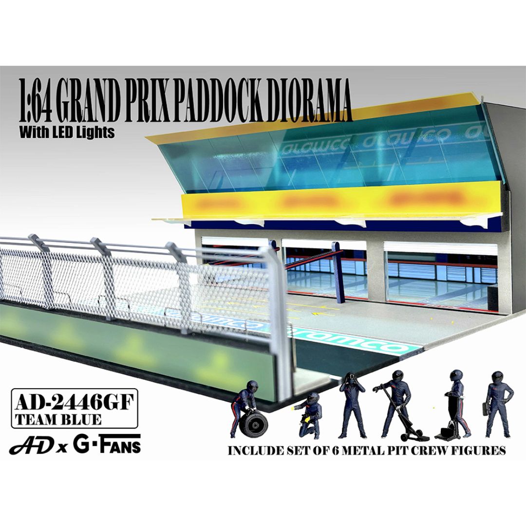 American Diorama 1/64 Grand Prix Paddock Diorama with Formula Pit Crew Figures-Team Blue AD-2446GF