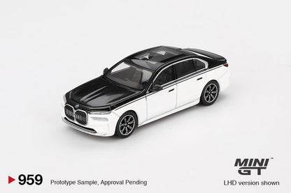 MINI GT 1/64 BMW i7 xDrive60 Alpine White / Black Sapphire MGT00959-BL