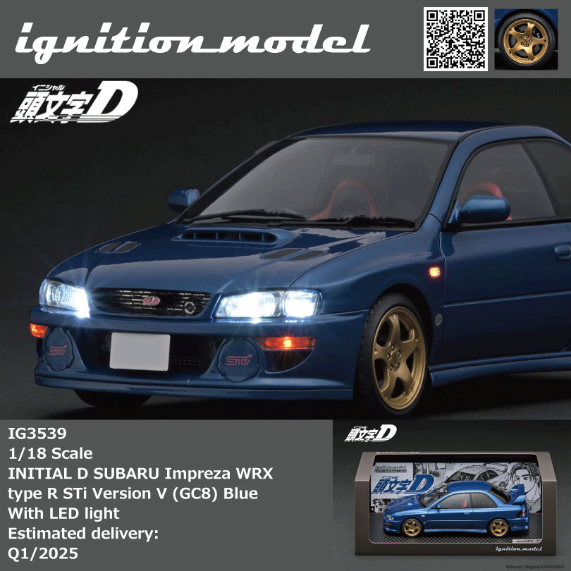 Ignition Model 1/18 	INITIAL D SUBARU Impreza WRX type R Sti Version V (GC8) Blue With LED light IG3539