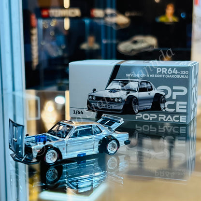 POPRACE 1/64 SKYLINE GT-R V8 DRIFT (HAKOSUKA) SILVER CHROME (HK TOYCAR SALON 2025 Special Release) PR640330