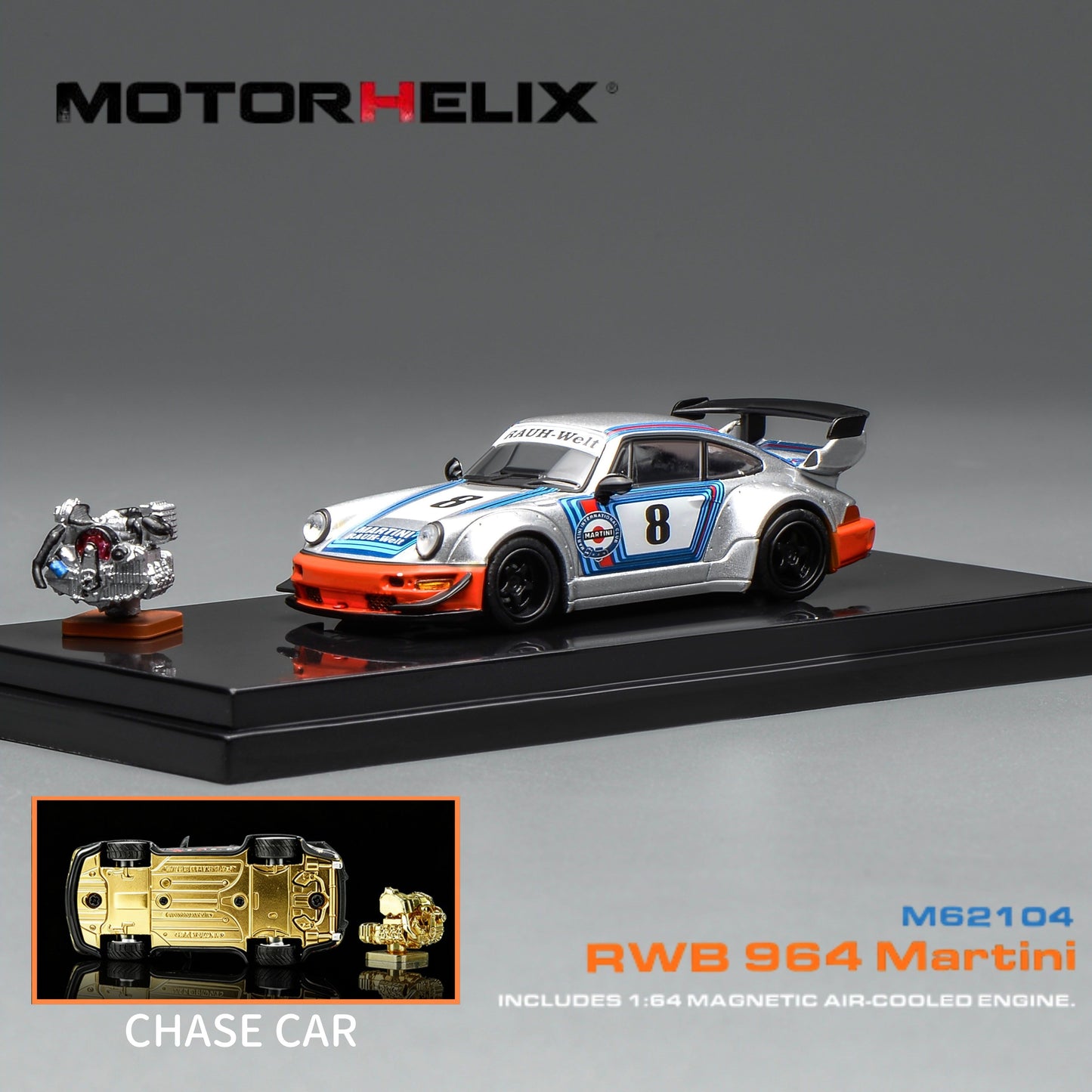 PREORDER MOTORHELIX 1/64 RWB 964 Martini with magnetic air-cooled engine M62104 **CHASE CARS ARE RANDOMLY PACKED** (Approx. Release Date: Q4 2026 and subject to the manufacturer's final decision)