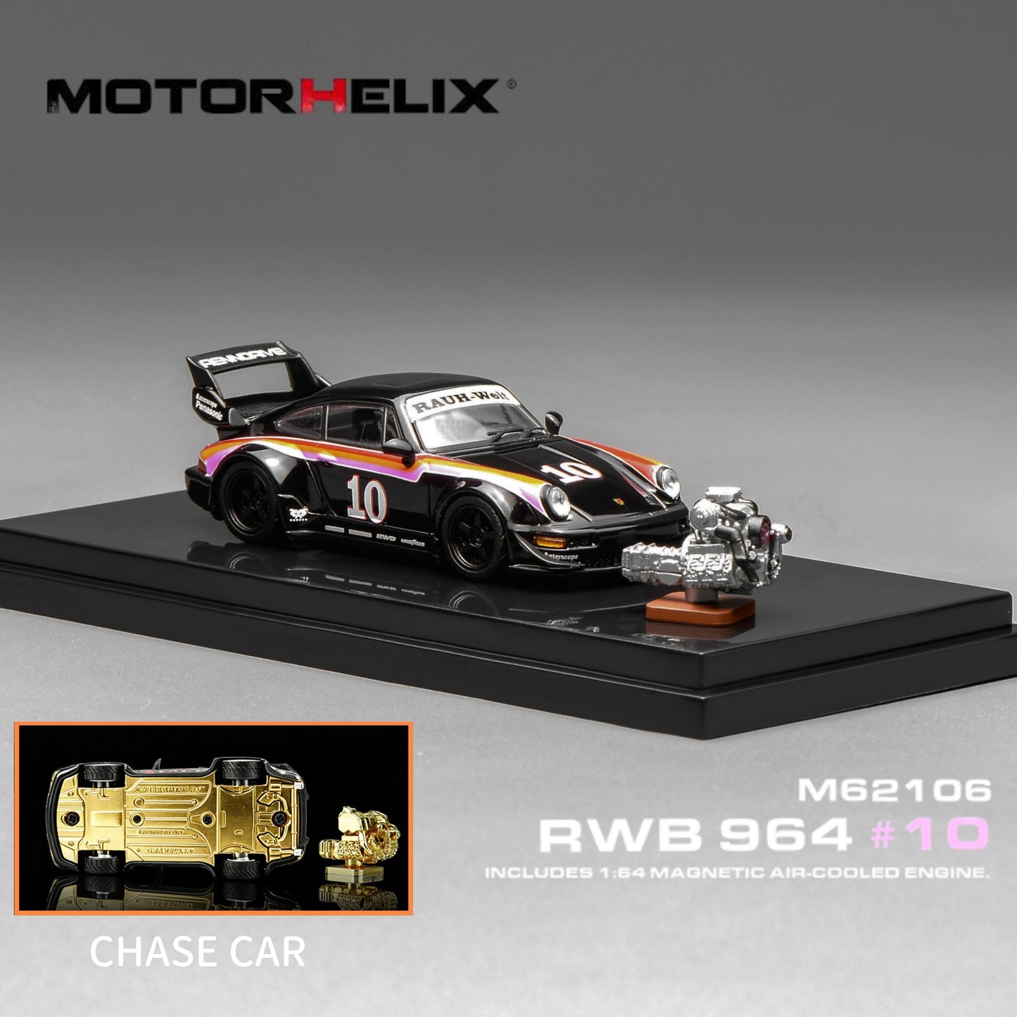 PREORDER MOTORHELIX 1/64 RWB 964 #10 with magnetic air-cooled engine M62106 *CHASE CARS ARE RANDOMLY PACKED* (Approx. Release Date: Q4 2026 and subject to the manufacturer's final decision)
