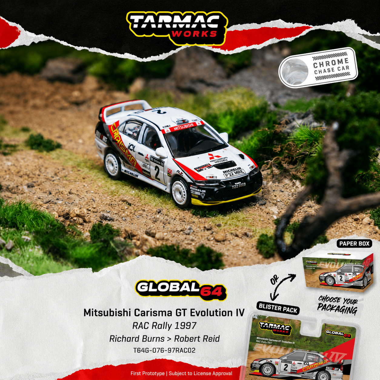 PREORDER Tarmac Works GLOBAL64 1/64 Mitsubishi Carisma GT Evolution IV RAC Rally 1997 Richard Burns / Robert Reid T64G-076-97RAC02 (Approx. Release Date :  Q4 2026 subject to manufacturer's final decision) **CHASE CARS ARE RANDOMLY PACKED**