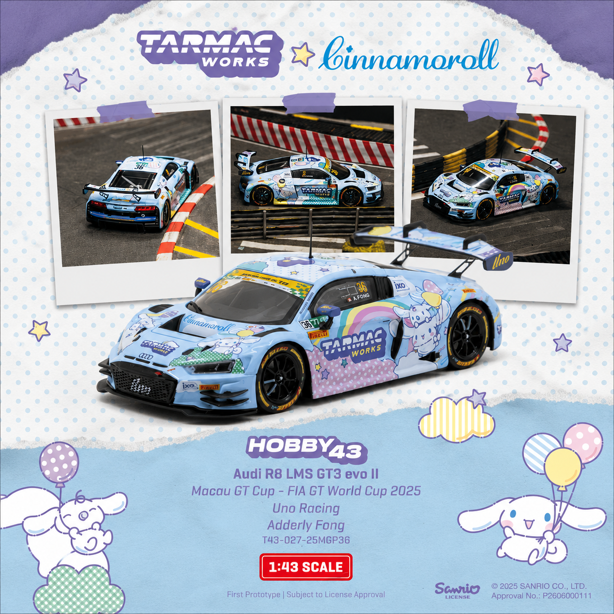 PREORDER Tarmac Works HOBBY43 1/43 Audi R8 LMS GT3 evo II Macau GT Cup - FIA GT World Cup 2025 Uno Racing Adderly Fong T43-027-25MGP36 (Approx. Release Date :  Q4 2026 subject to manufacturer's final decision)