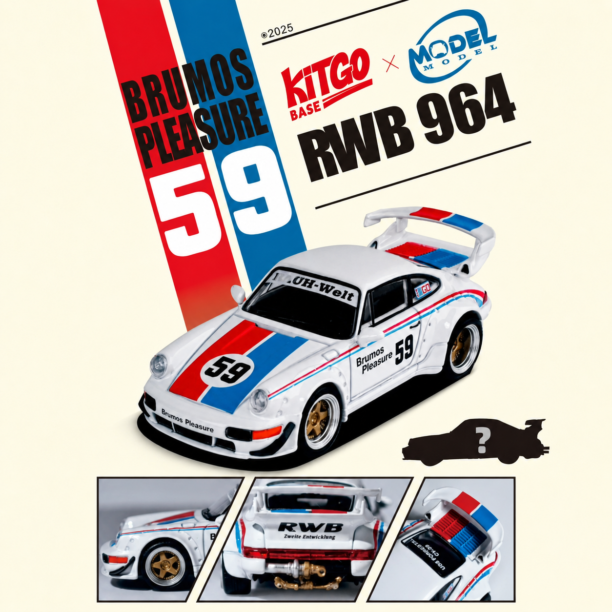 MODELMODEL RWB 964 #59 "Brumos Pleasure" White with Red and Blue Stripes "KitGo Base" MM64-RWB964-KITGO01 **CHASE CARS are randomly packed**