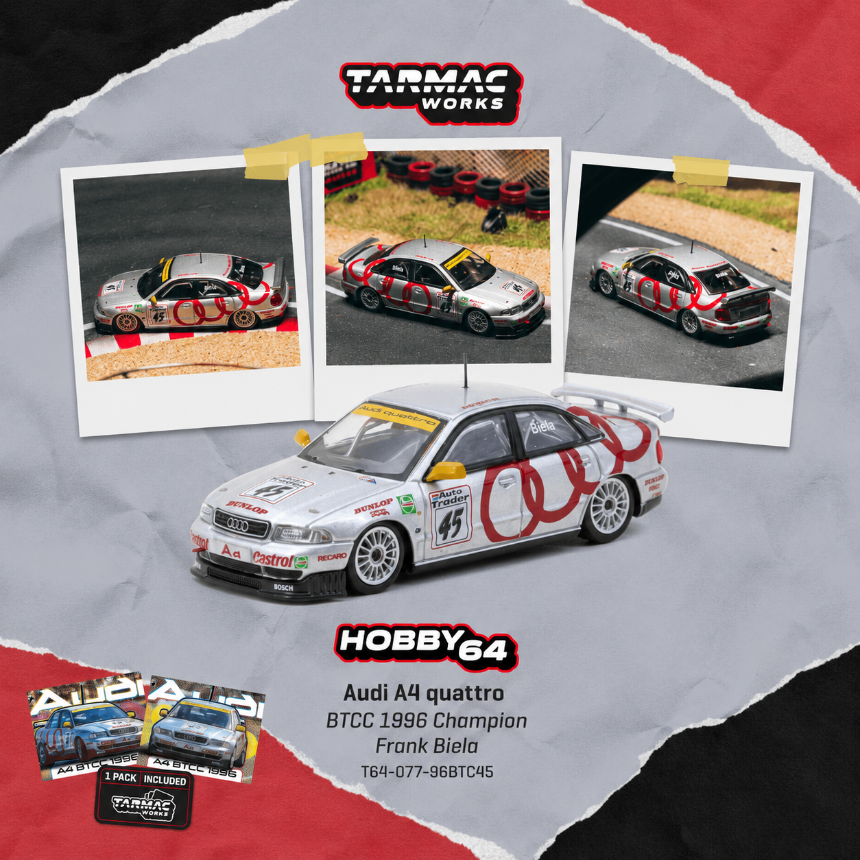 PREORDER TARMAC WORKS 1/64 Audi A4 quattro BTCC 1996 Champion Frank Biela Model Car + Trading Cards Combo Set T64-077-96BTC45 (Approx. Release Date :  Q4 2026 subject to manufacturer's final decision)