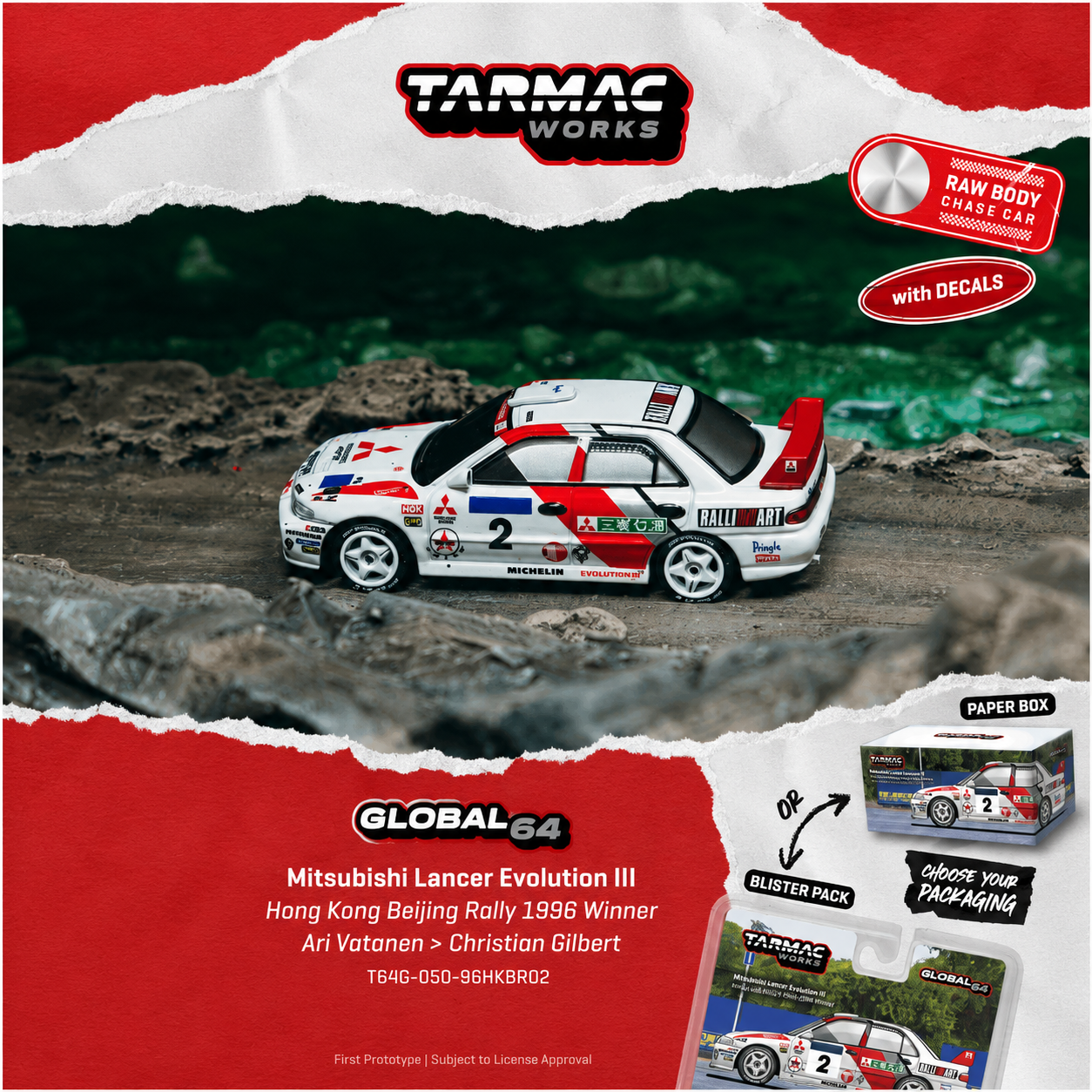 PREORDER Tarmac Works 1/64 Mitsubishi Lancer Evolution III Hong Kong Beijing Rally 1996 Winner Ari Vatanen / Christian Gilbert T64MC-023-BR (Approx. Release Date :  Q4 2026 subject to manufacturer's final decision) **Chase cars are randomly packed**