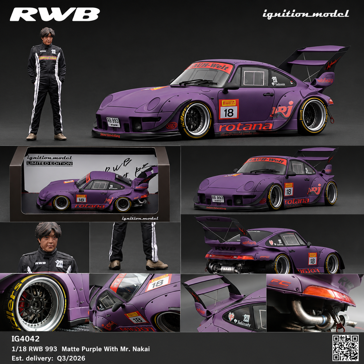 PREORDER Ignition Model 1/18 RWB 993 Matte Purple With Mr. Nakai IG4042 (Approx. Release Date : Q4 2026 to Q1 2027 subject to manufacturer's final decision)