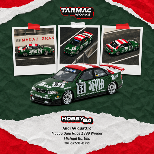 PREORDER Tarmac Works HOBBY64 1/64 Audi A4 quattro Macau Guia Race 1999 Winner Michael Bartels T64-077-99MGP53 (Approx. Release Date :  SEP 2026 subject to manufacturer's final decision)
