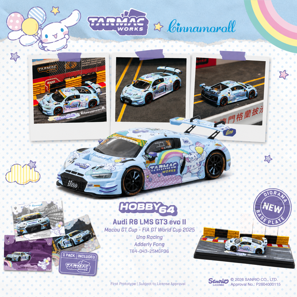 PREORDER Tarmac Works HOBBY64 1/64 Audi R8 LMS GT3 evo II Macau GT Cup - FIA GT World Cup 2025 Uno Racing Adderly Fong Model Car + Trading Cards Combo Set T64-043-25MGP36 (Approx. Release Date :  SEP 2026 subject to manufacturer's final decision)