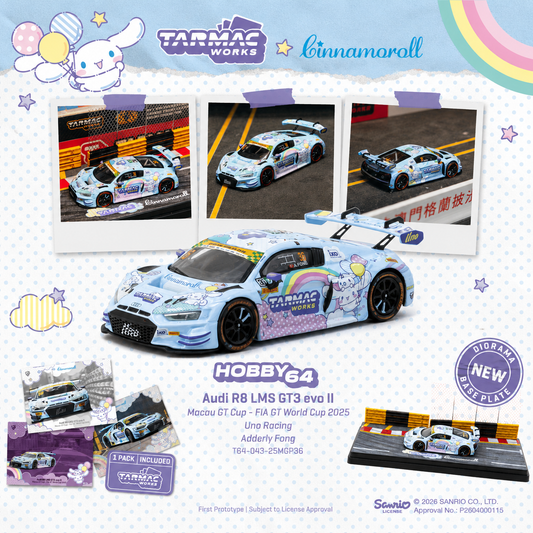 PREORDER Tarmac Works HOBBY64 1/64 Audi R8 LMS GT3 evo II Macau GT Cup - FIA GT World Cup 2025 Uno Racing Adderly Fong Model Car + Trading Cards Combo Set T64-043-25MGP36 (Approx. Release Date :  SEP 2026 subject to manufacturer's final decision)