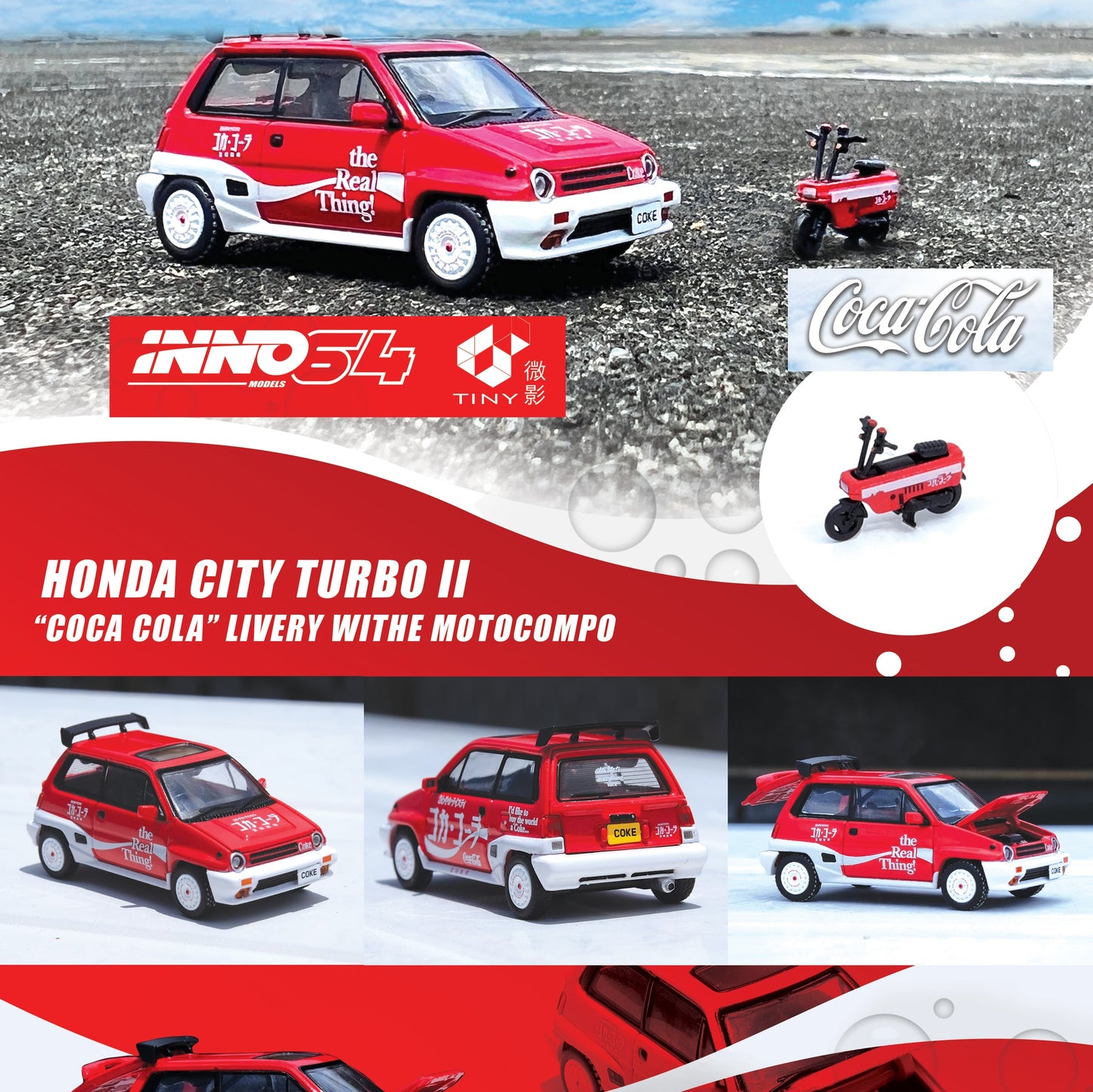 INNO64 x TINY 1/64 HONDA CITY TURBO II "Coca-Cola" Livery With Motocompo COKE058