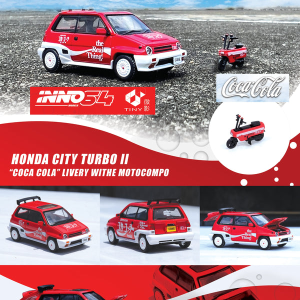 PREORDER INNO64 x TINY 1/64 HONDA CITY TURBO II "Coca-Cola" Livery With Motocompo COKE058 (Approx. Release Date : September 2023 subject to the manufacturer's final decision)