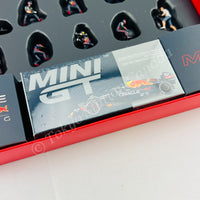 MINI GT 1/64 Oracle Red Bull Racing RB18 #1 Max Verstappen 2022 Abu Dhabi GP Pit Crew Set including Pitstop Base (MGTS0007 and MGTAC29)