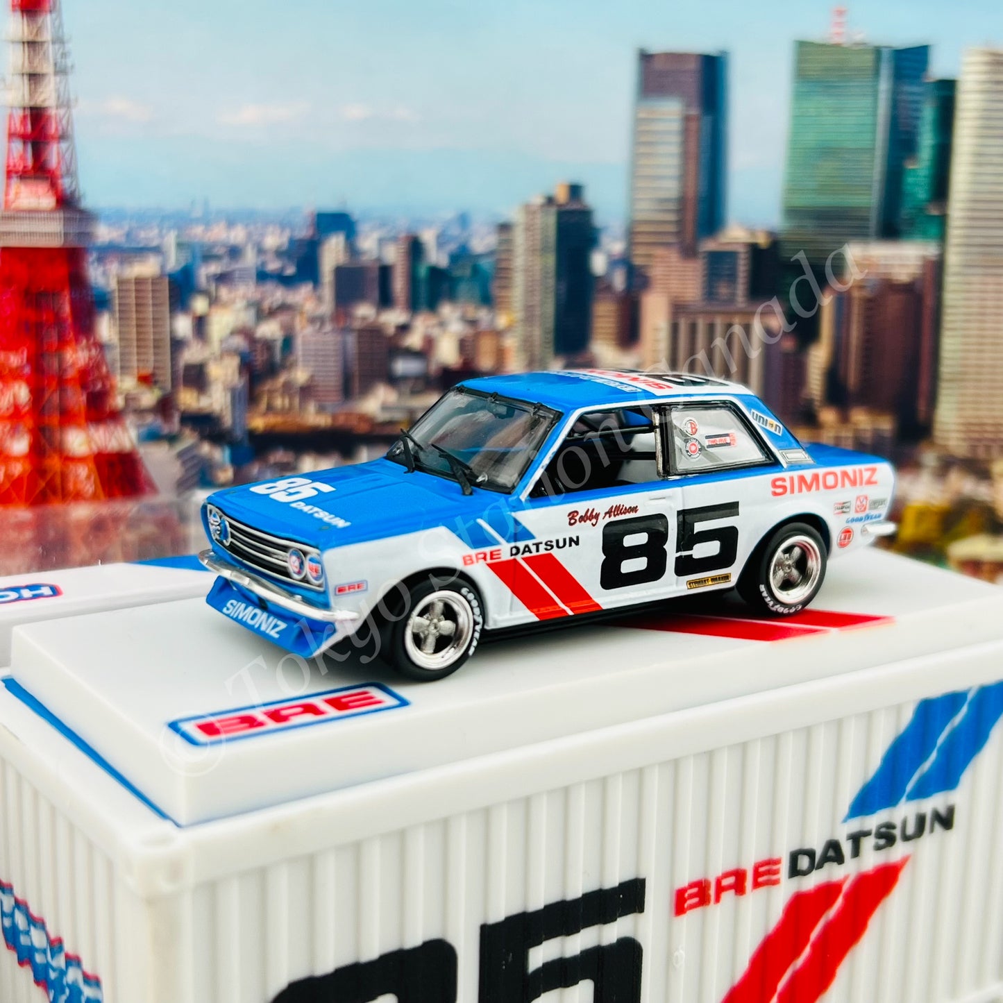 TARMAC WORKS HOBBY64 1/64 BRE Datsun 510 Trans-Am 2.5 Championship 1972 Bobby Allison with container T64-052-BRE85