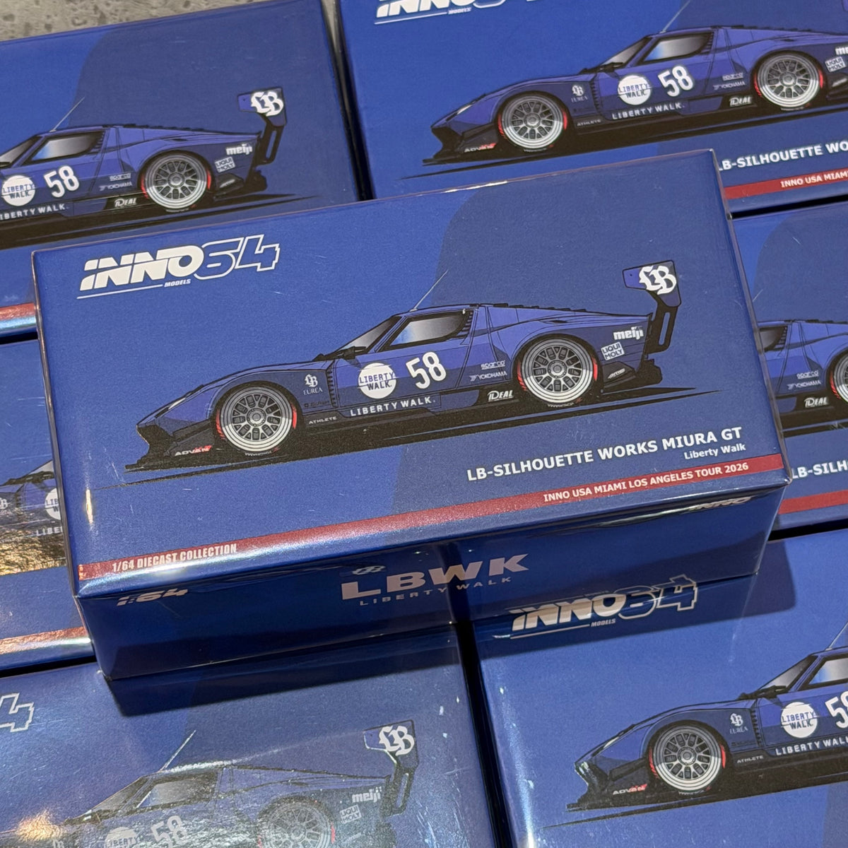 INNO64 1/64 USA Miami Los Angeles Tour 2026 LB-Silhouette Works Lamborghini Miura GT Blue - IN64-LBMIURA-03-USAT26  **Chase cars are randomly packed**